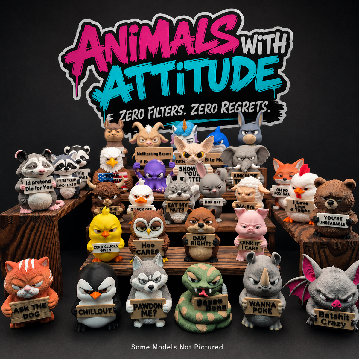 Animals with Attitude Funny Animal Figurines for the Home or Office - 6 Piece Gift Set - Jersey 3D Print Company