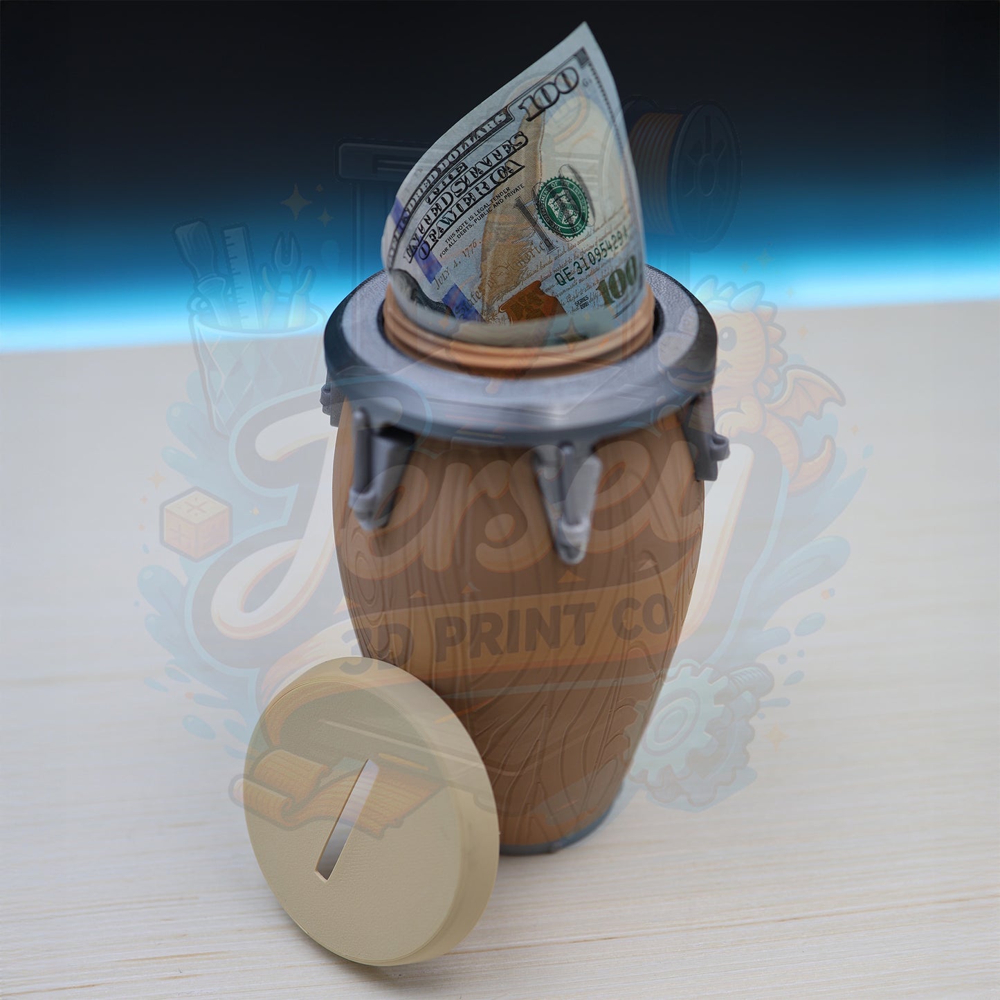 Wooden Conga Drum Piggy Bank – Coin Holder with Display Stands Designer Lid