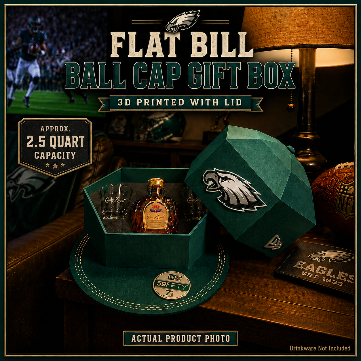 Philadelphia Football Flat Bill Ball Cap Gift Box with Lid – 3D Printed Hat-Inspired Gift Box