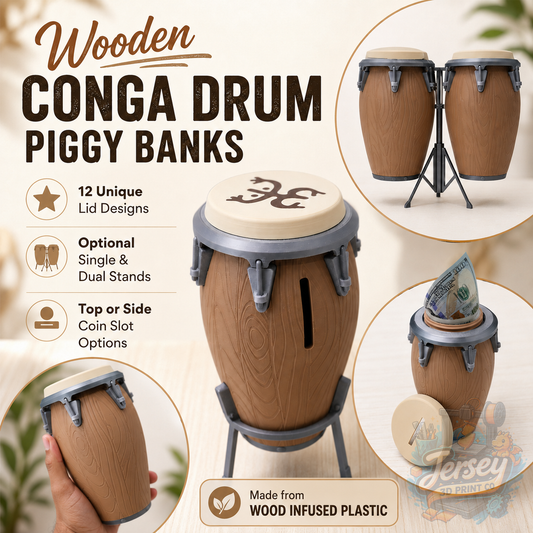 Wooden Conga Drum Piggy Bank – Coin Holder with Stands and 12 Designer Lids