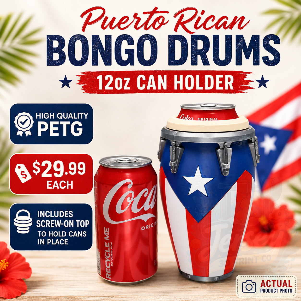 Puerto Rico Bongo Drums 12oz Can Holder with Screw On Lid