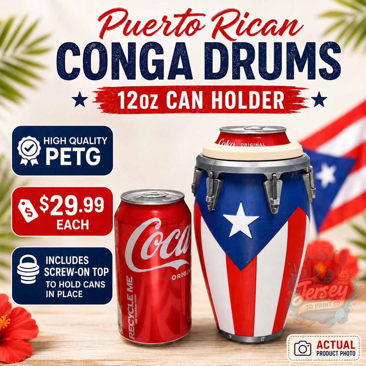 Puerto Rico Conga Drum Style 12oz Can Holder with Screw On Lid