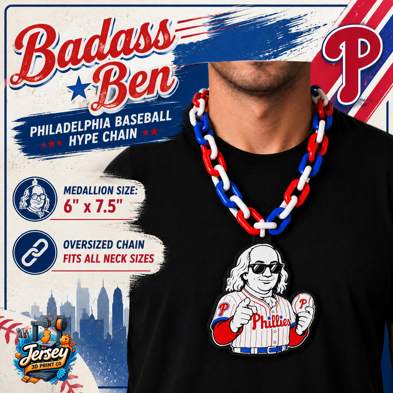 Philadelphia Phillies Badass Ben Franklin Hype Chain Necklace - Sports Apparel and Jewelry