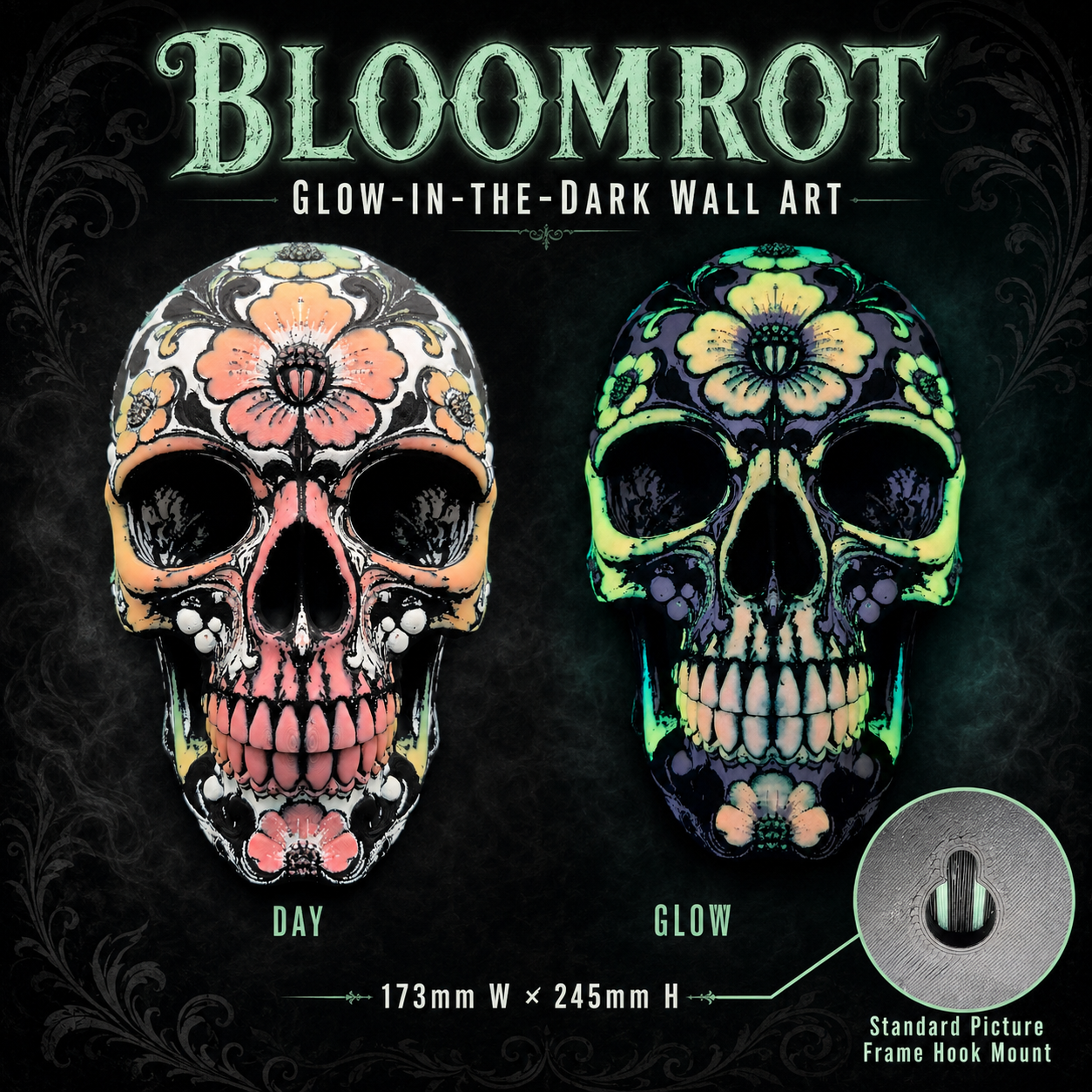 The Bloomrot Skull - Gothic Glow in the Dark Hanging Wall Art