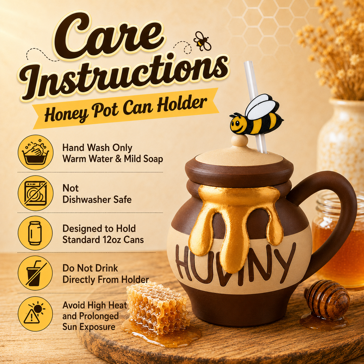 Honey Pot Style 12oz Soda or Beer Can Holder with Free Bumblebee Straw Topper