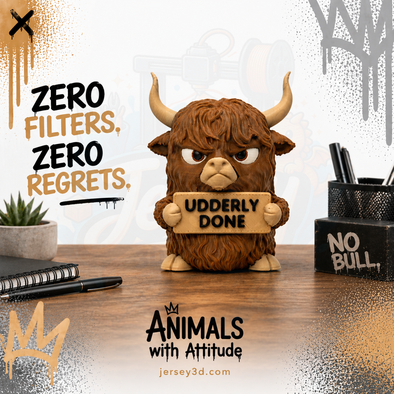 Grumpy Highland Cow Figurine - Animals with Attitude Adult Humor for the Home or Office