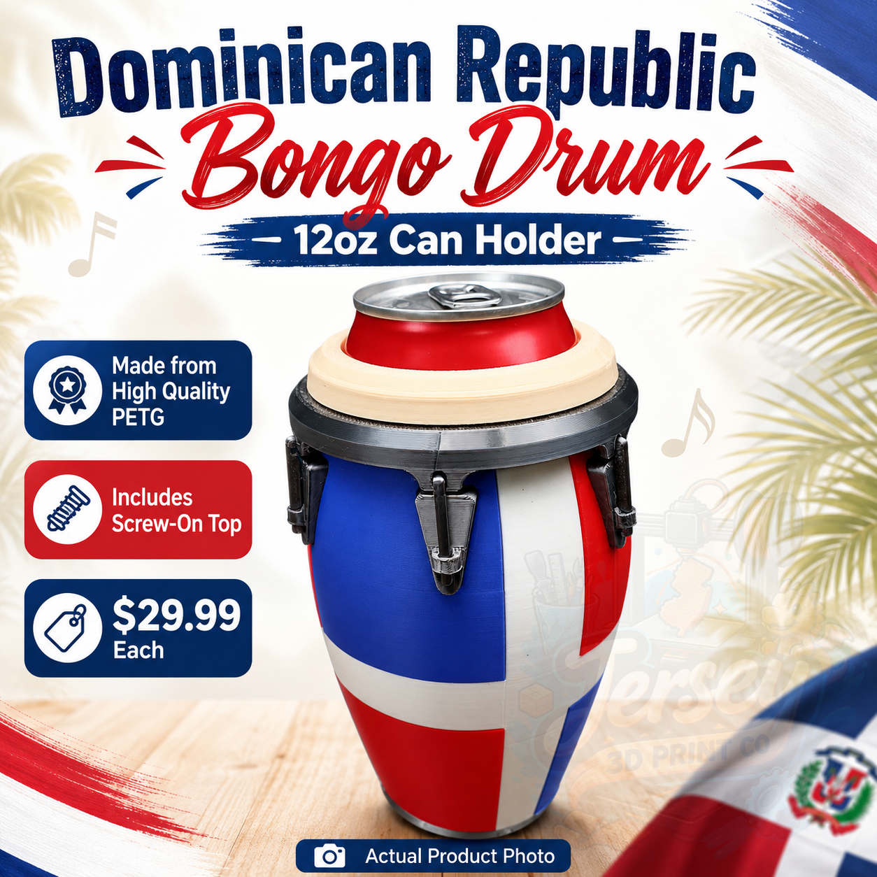 Dominican Republic Bongo Drums 12oz Can Holder with Screw On Lid