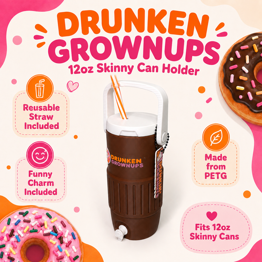 Drunken Grownups 3D Printed 12oz Skinny Can Holder with Lid and Handle