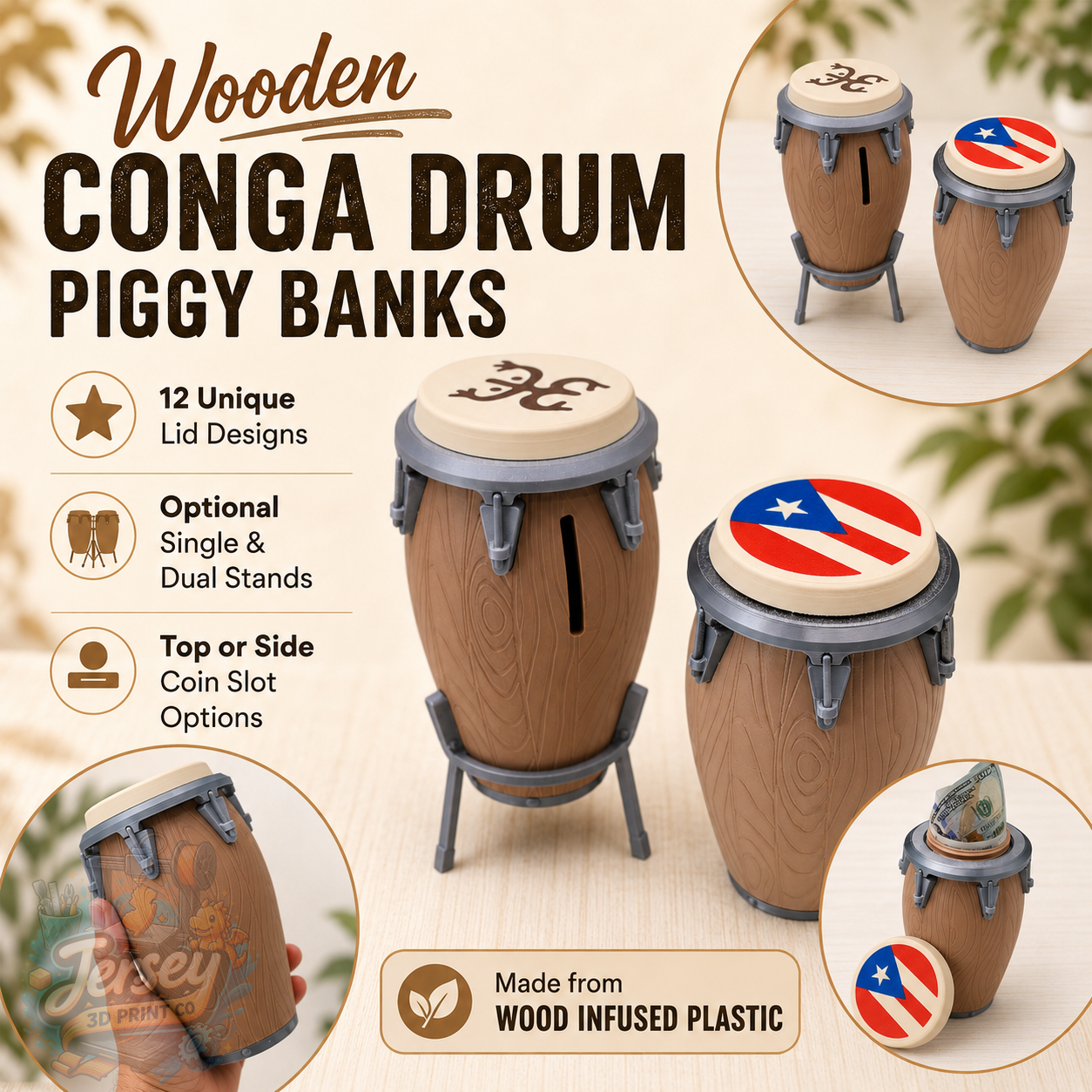 Wooden Conga Drum Piggy Bank – Coin Holder with Display Stands Designer Lid