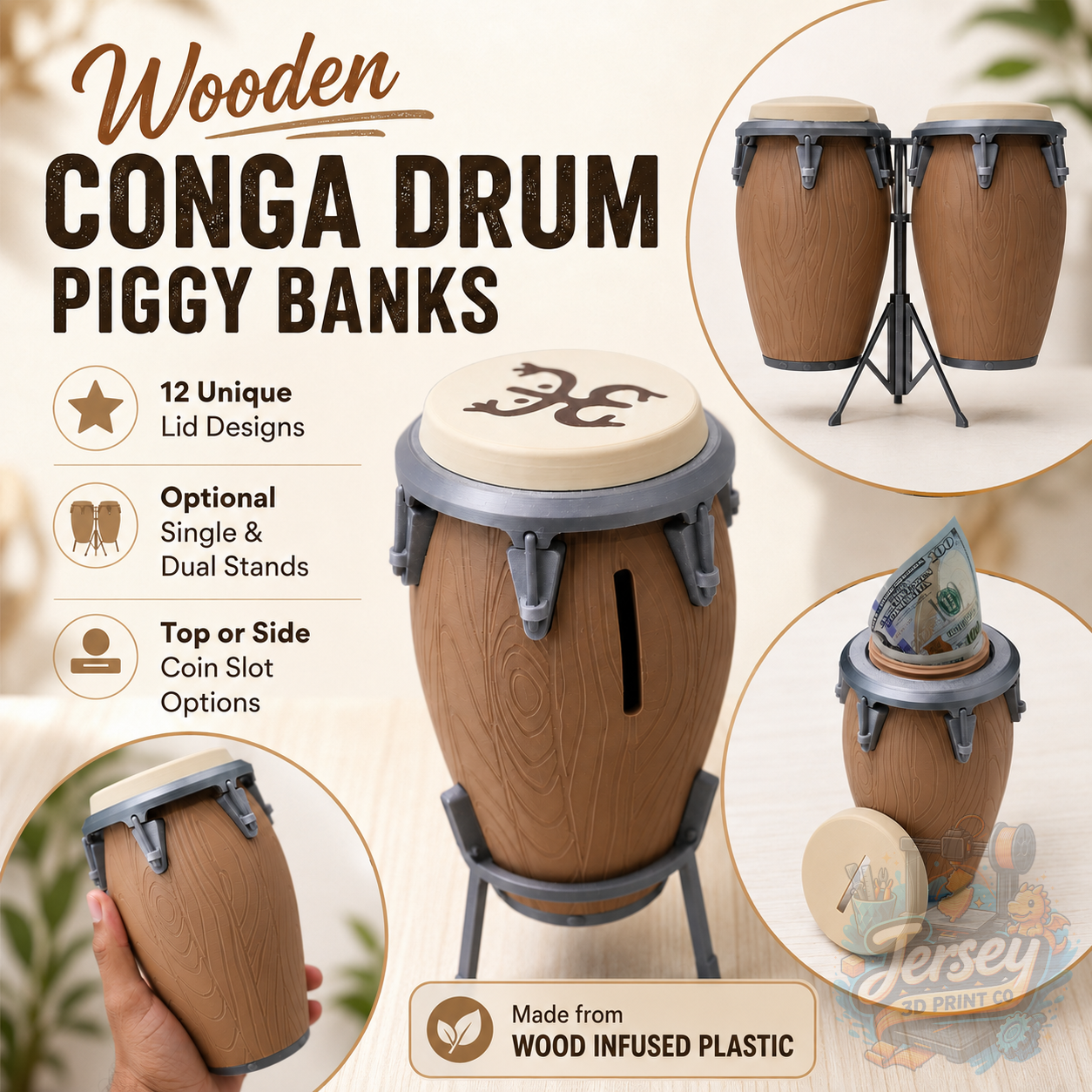 Wooden Conga Drum Piggy Bank – Coin Holder with Display Stands Designer Lid
