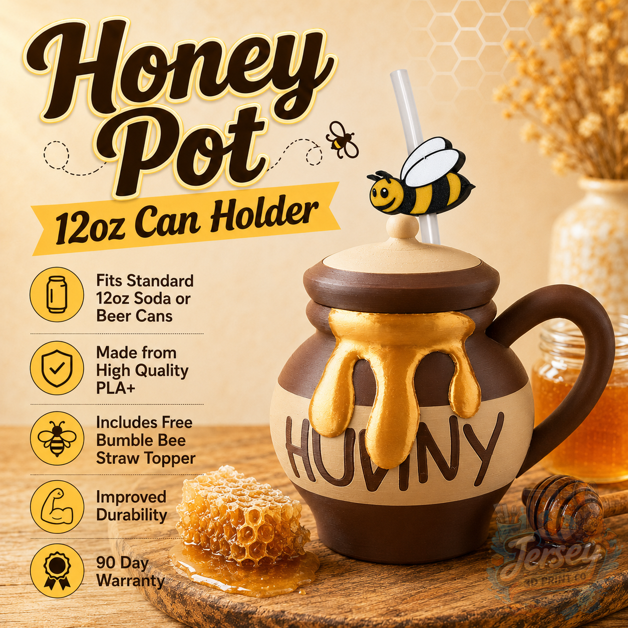 Honey Pot Style 12oz Soda or Beer Can Holder with Free Bumblebee Straw Topper