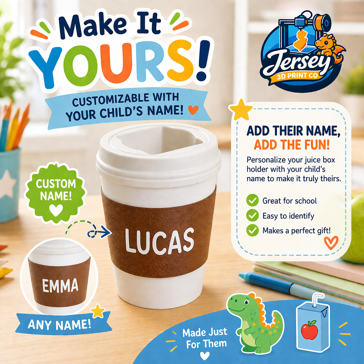 Personalized Juice Box Holder for Toddlers Ages 2-6, Custom Name Kids Cup Sleeve, Reusable Drink Holder, Kids Lunch Gear