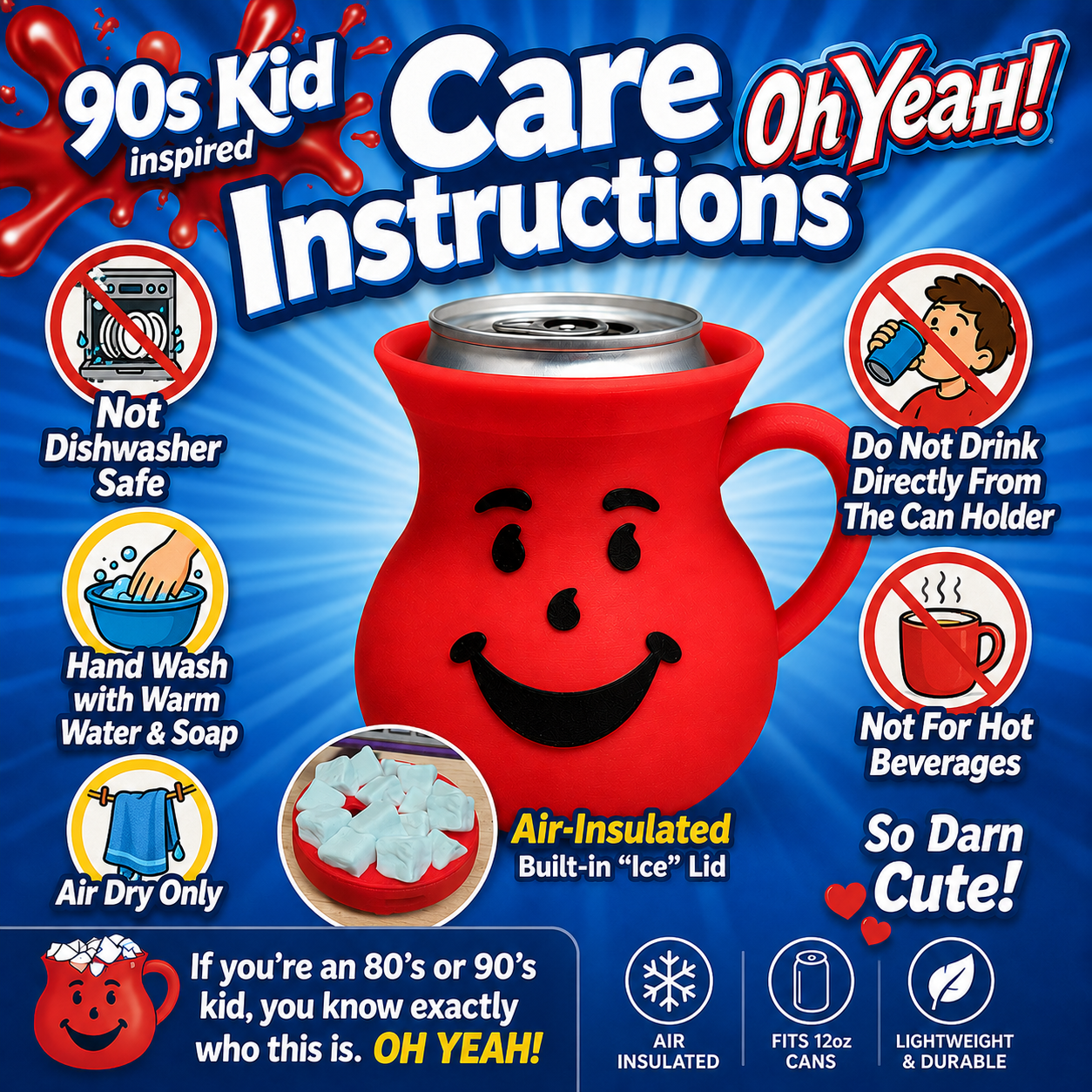 1990s Kool-Aid Inspired 12oz Can Holder with decorative Ice Cubes Lid