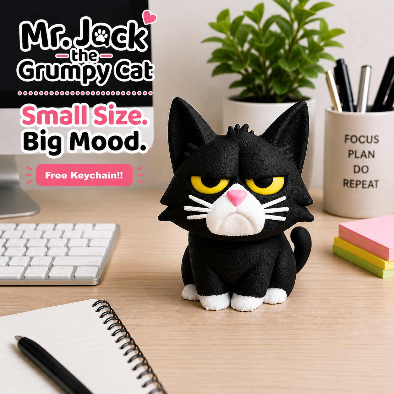 Mr. Jack Grumpy Cat Figurine, 3D Printed Desk Buddy with Keychain, Cat Lover Gifts