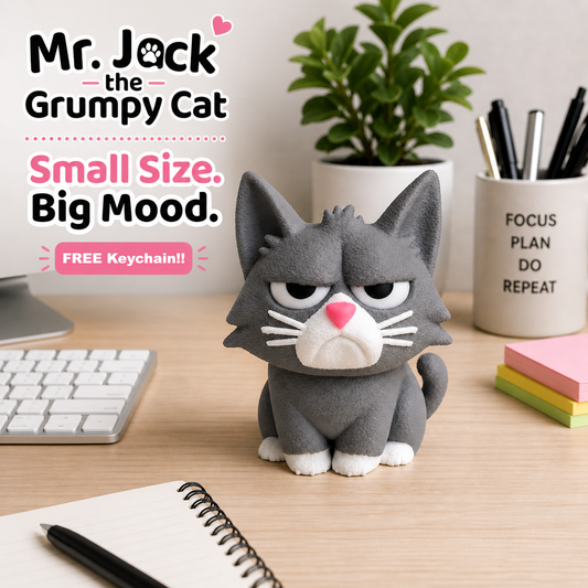 Mr. Jack Grumpy Cat Figurine, 3D Printed Desk Buddy with Keychain, Cat Lover Gifts