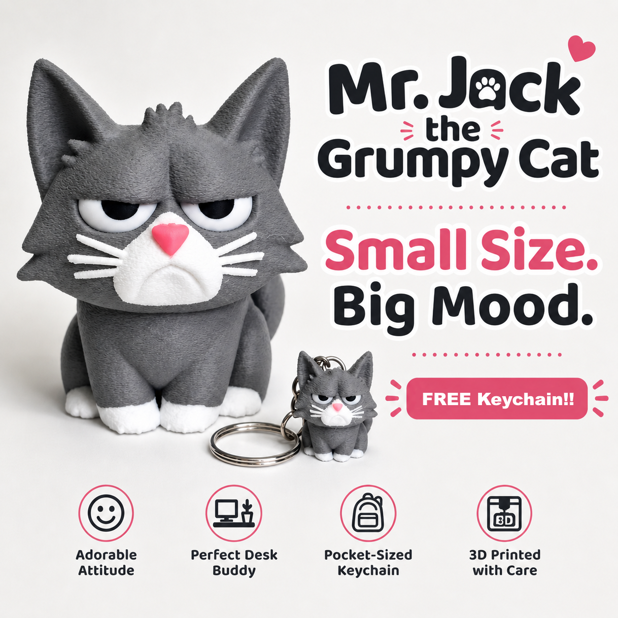 Mr. Jack Grumpy Cat Figurine, 3D Printed Desk Buddy with Keychain, Cat Lover Gifts