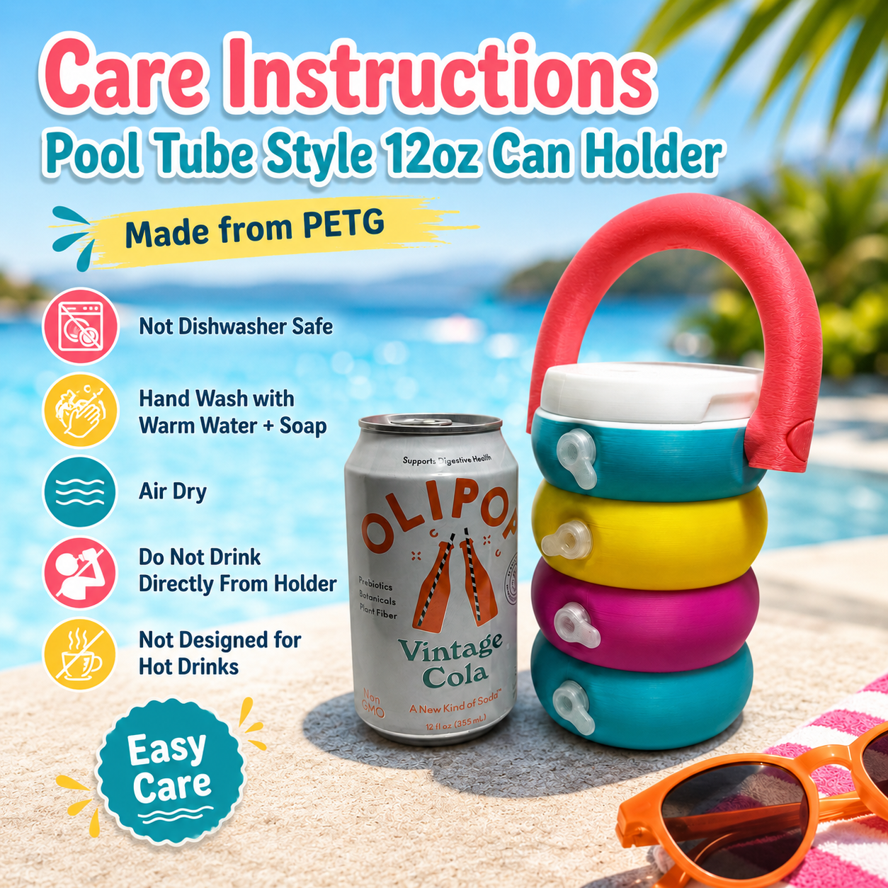 Summertime Pool Tube 3D Printed 12oz Can Holder – Portable Drink Carrier with Handle