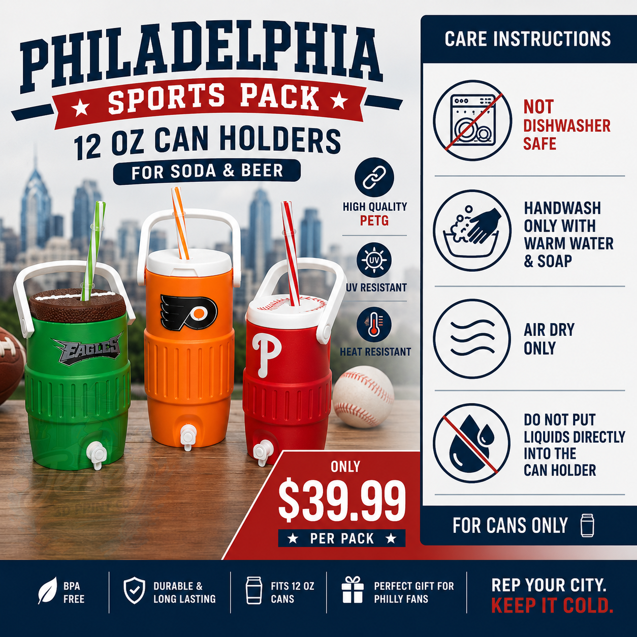Philadelphia Sports Teams Can Holder Set – 3D Printed Drink Carrier with Handle